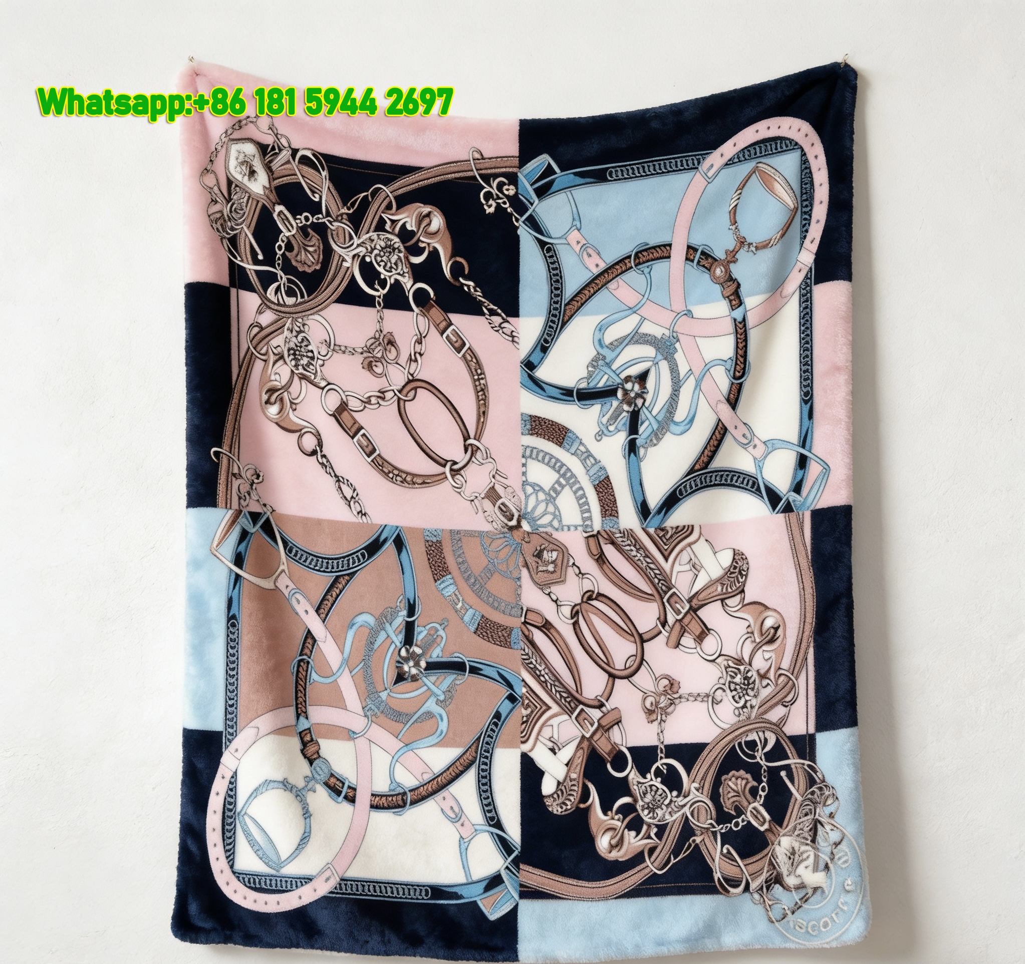 Hermès Pink & Blue Equestrian Horse Tack Print Flannel Throw Blanket IMG_5246